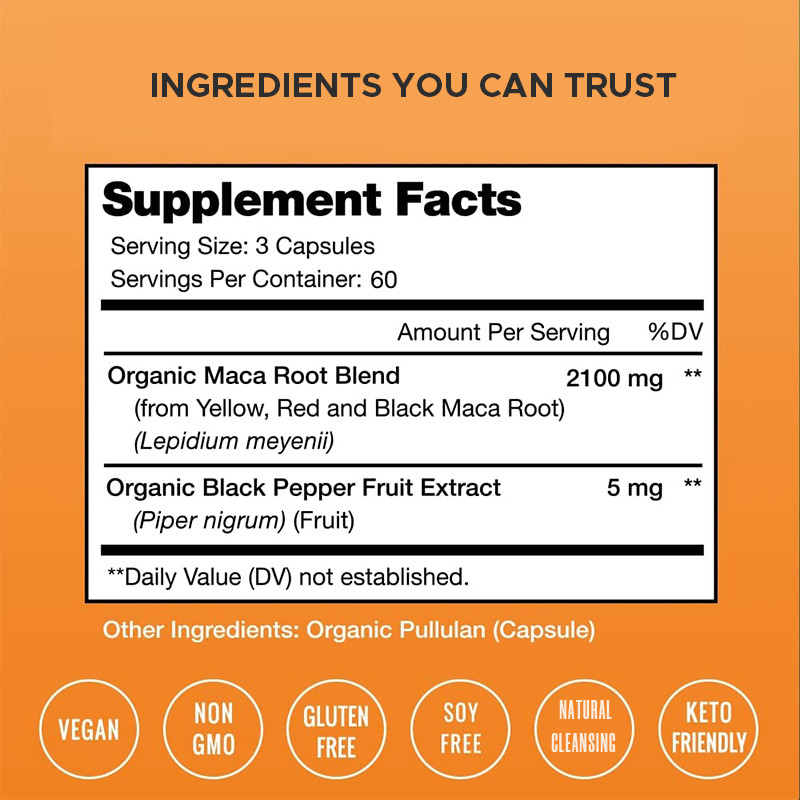 كبسولات جذر الماكا 2100mg مزيج عضوي لجذر الماكا للطاقة