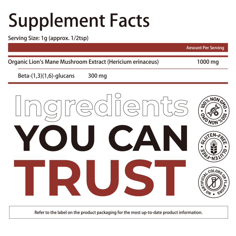 مسحوق مكمل عرف الأسد العضوي مع مستخلص الجسم الثمري 100% و 30% بيتا جلوكان لدعم الإدراك - 150 جرام لكل كيس