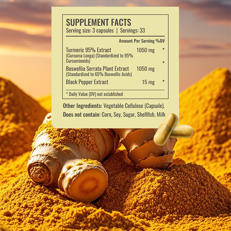 كبسولات الكركم ذات الملصق الخاص، تحتوي على 100 كبسولة لكل زجاجة لدعم الجهاز الهضمي وجرعة يومية 3 كبسولات