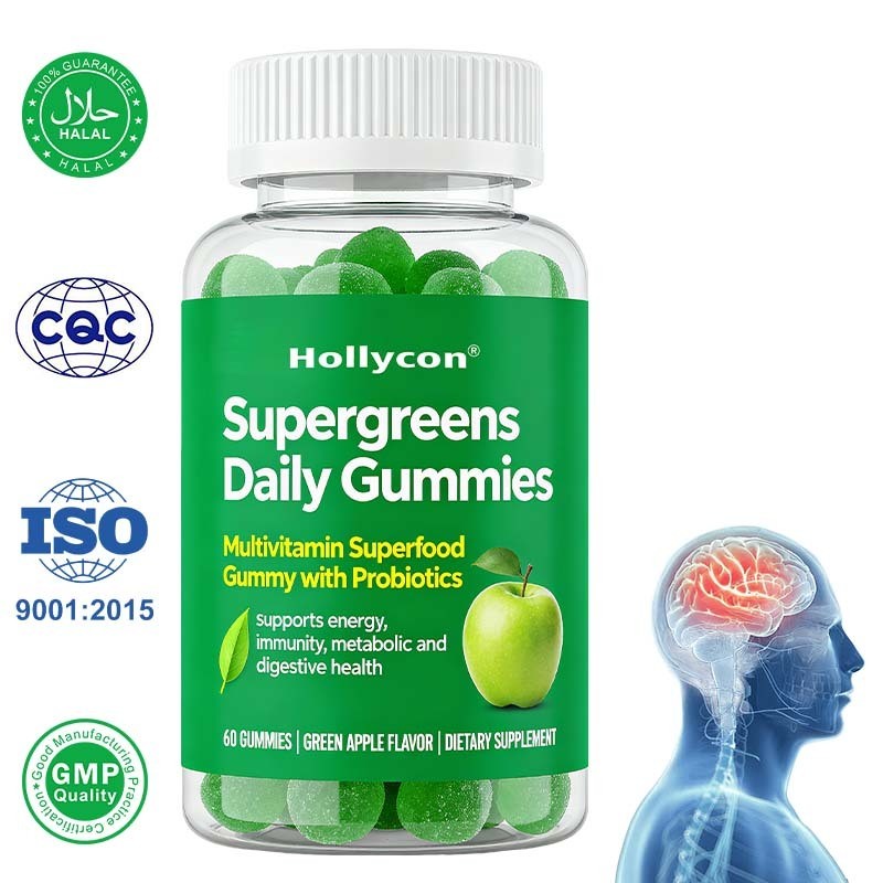 OEM / ODM 61-in-1 Supergreens Daily Gummies for Women and Men, Multivitamin Superfood Gummy with Probiotics for Metabolic, Energy, and Digestive Health, Sugar Free, Green Apple Flavor