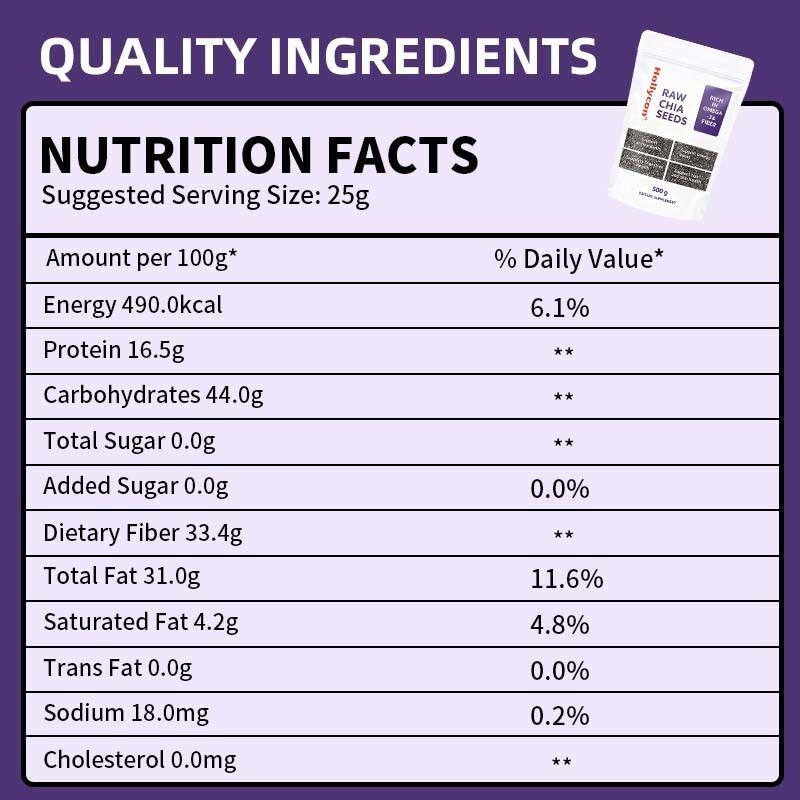 بذور الشيا OEM / ODM 500 جرام، عبوة من 1 | بذور للأكل | بذور للتحكم في الوزن | غنية بالكالسيوم والبروتين والألياف بدون سكر مضاف، تركيبة مخصصة