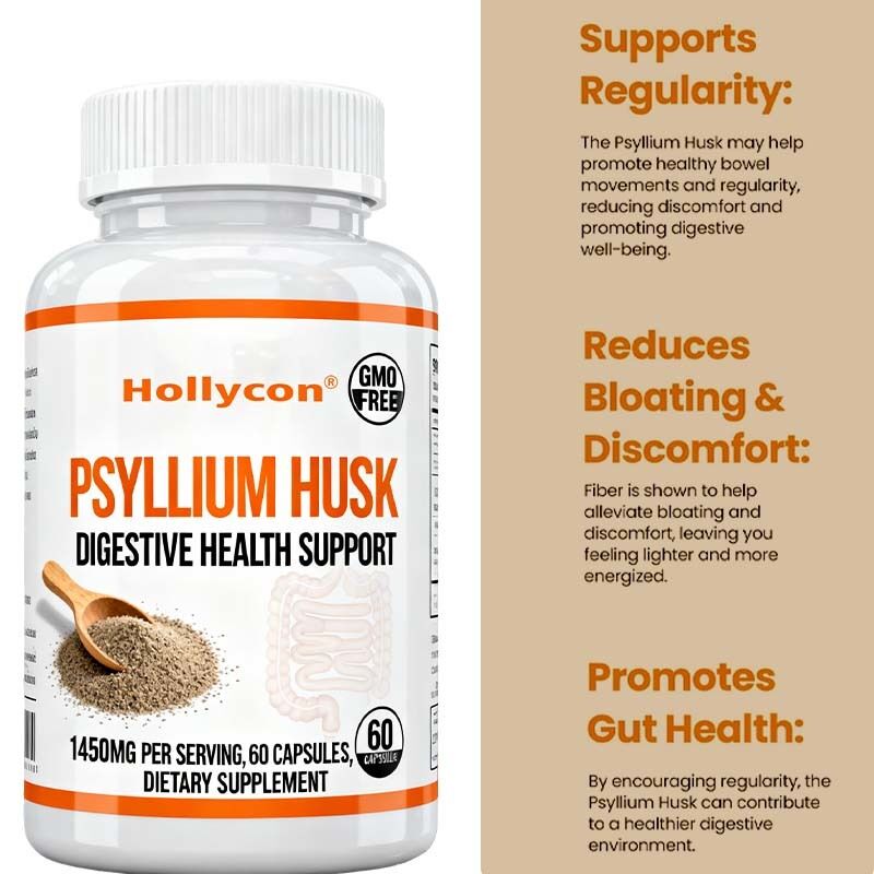 كبسولات Psyllium Husk 60 Count مكمل دعم الأمعاء والقولون يعزز صحة الجهاز الهضمي والنظامية غير المعدلة وذات صيغة عالية الألياف خاصة ، OEM متاحة ، سعر المصنع