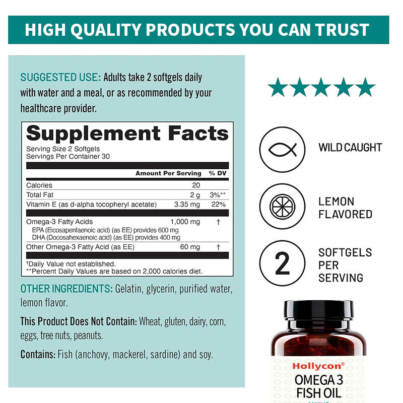 مكمل أوميغا 3 من الشركة المصنعة الأصلية، 1000 مجم لكل جرعة، 600 EPA و 400 DHA وفيتامين E لدعم صحة القلب والدماغ، زيت سمك أوميغا 3