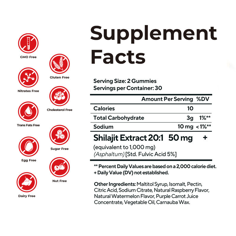 العلامة التجارية الخاصة شيلاجيت العلكة للرجال حمض الفولفيك مضافات خالية من السكر الحفاظ على مستويات الطاقة الطبيعية والوظيفة المناعية